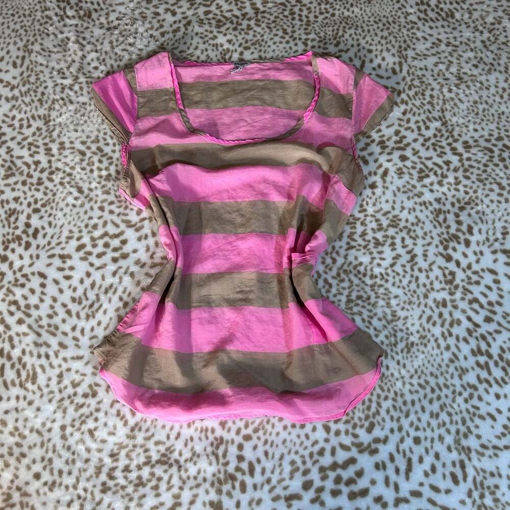 Splendid Striped Blouse Size Medium Pink Brown Cotton Silk